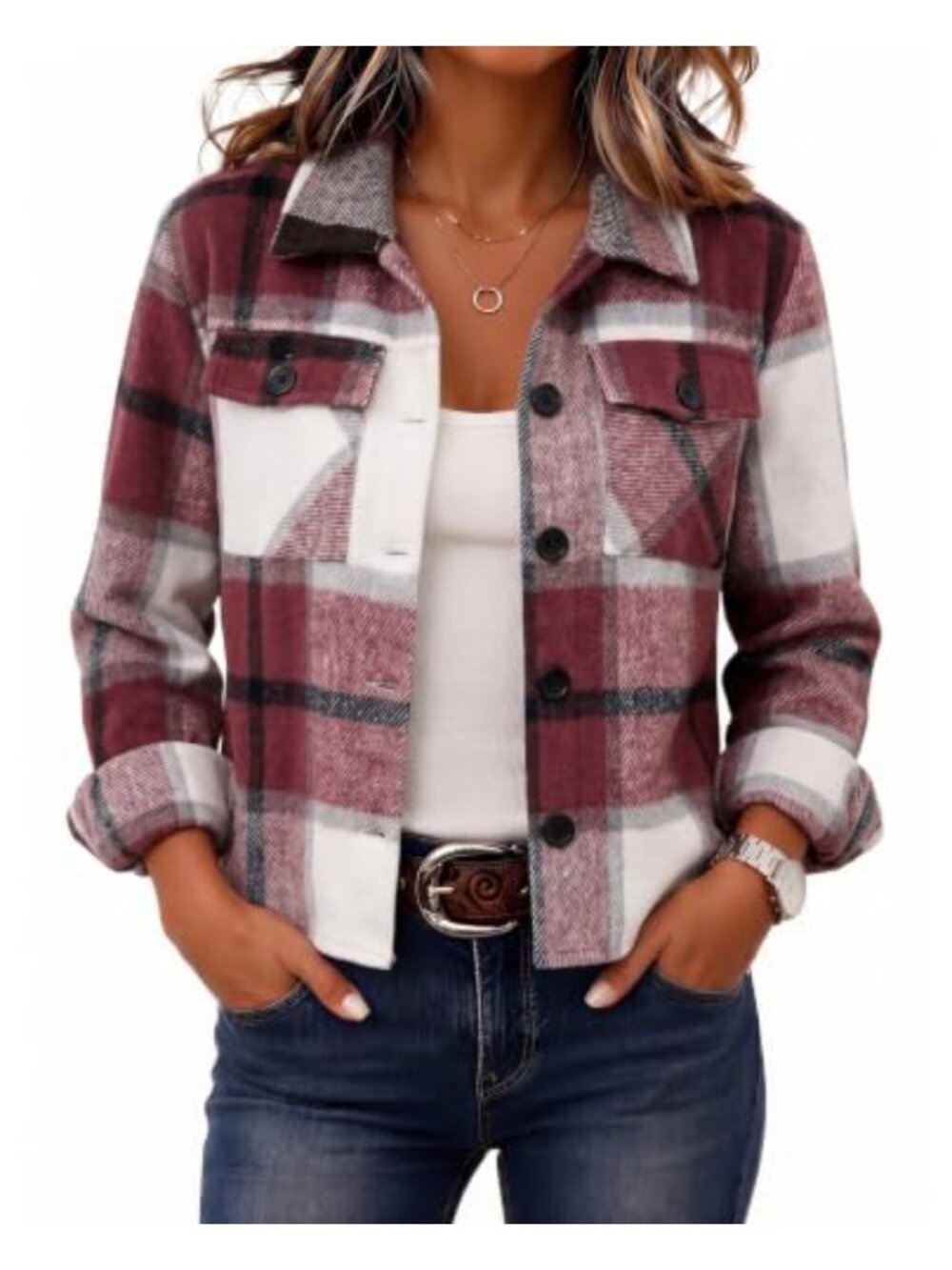 Flannel Cropped Shacket Plaid Button Down Jacket Casual Fall Coat